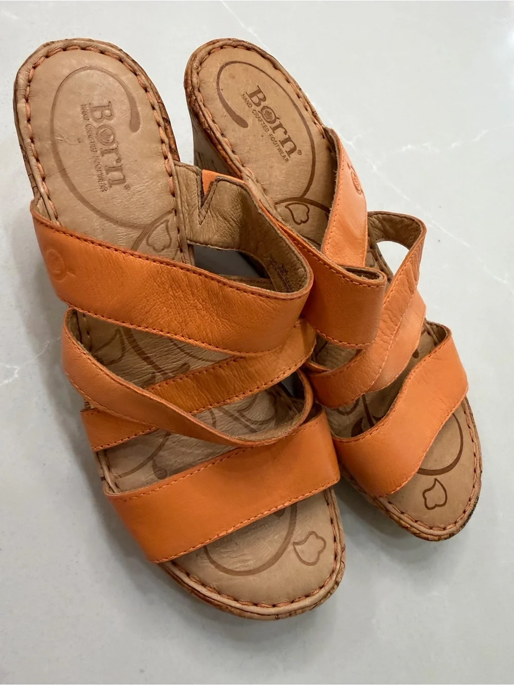Born Zemora Orange Leather Strappy Cork Wedge Sandals 8M Boho Slide